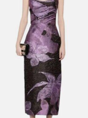 Amsale Women's Purple/Brown Floral Pencil Midi-Dress Size 6